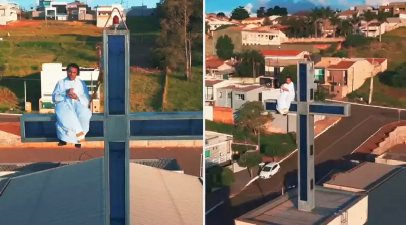 Padre escala cruz de igreja no Paraná para convidar fiéis a festa tradicional – Assista ao vídeo!
