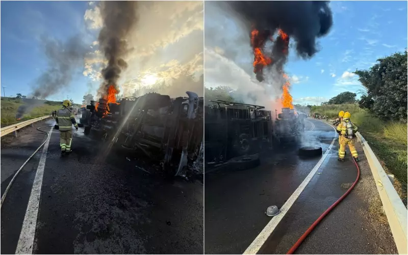 Tragédia na MG-491: Carreta tomba e pega fogo após motorista perder controle em curva