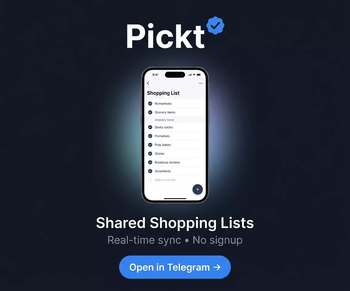 Banner do Pickt — listas de compras compartilhadas para famílias e casais no Telegram
