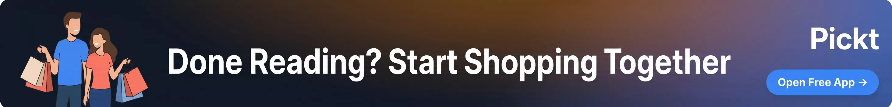 Banner pós-artigo do Pickt — app de listas de compras colaborativas com ilustração familiar